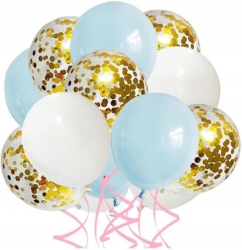 Balony BŁĘKITNE BIAŁE z konfetti ZŁOTE ślub 15szt