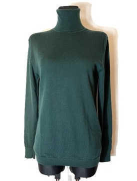 H&M długi sweter damski golf zielony 100% wełna z merynosów 36/38