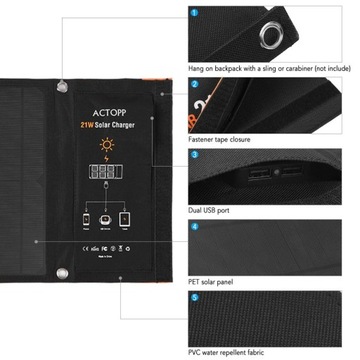 Портативное складное зарядное устройство на солнечной панели мощностью 21 Вт.