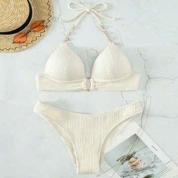 New Sexy Split Solid Color Bikini Striped Pearl Ne