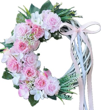 WIANEK KWIATOWY NA DRZWI WIKLINOWY STROIK WIENIEC WIOSENNY RÓŻOWY