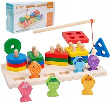 V4 РЫБАЛКА ДЕРЕВЯННЫЙ СОРТИРОВЩИК ФИГУР ПАЗЗЛ 4 БАШНИ УДОЧКА 2в1