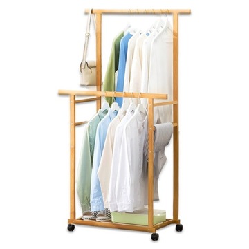 WIESZAK STOJĄCY NA UBRANIA DREWNIANY REGAŁ BAMBUSOWY STOJAK NA KÓŁKACH
