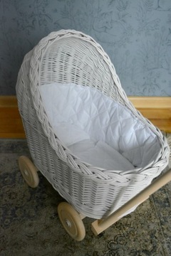 Плетеная коляска для кукол, БЕЛАЯ толкалка + постельное белье