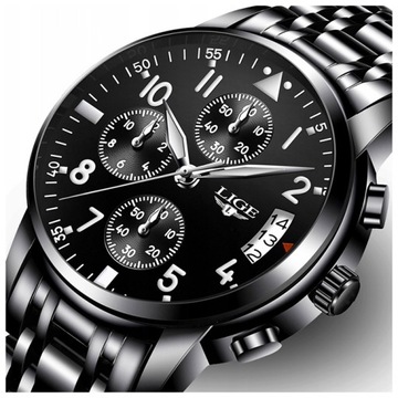 Zegarek męski LIGE bransoleta czarny srebrny chronograf datownik