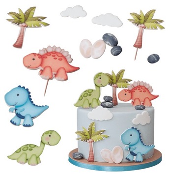 ZESTAW do dekoracji tortu Dinozaury 2D 13 el. na roczek figurki na tort