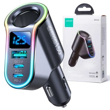 JOYROOM SZYBKA ŁADOWARKA SAMOCHODOWA 1x USB / 2x USB C + ZAPALCZNIKA 150W