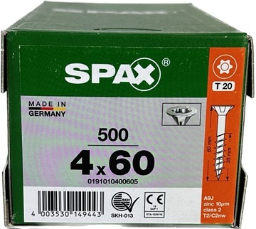 Wkręty uniwersalne do drewna 4 x 60mm SPAX WIROX BIT T-30 stożek 500szt