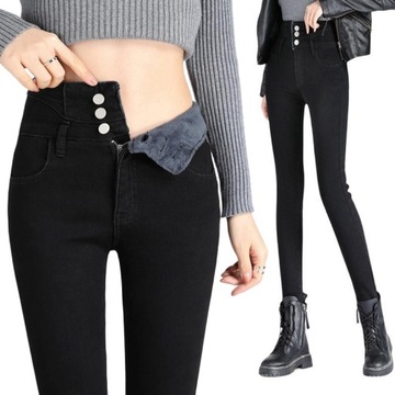 SPODNIE WYSZCZUPLAJĄCE OCIEPLANE JEANSY DAMSKIE SKINNY WYSOKI STAN CIEPŁE