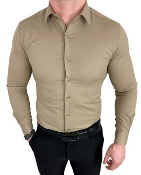 Bezowa koszula meska slim fit z kolnierzem - L