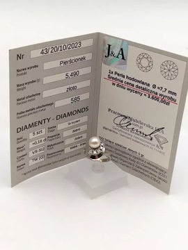 ZŁOTY PIERŚCIONEK 585 DIAMENTY 0,16CT PERŁA ROZMIAR 16 CERTYFIKAT BRYLANTY