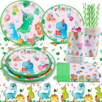 Zestaw urodzinowy dinozaury kubki talerze serwetki urodziny baner party W25