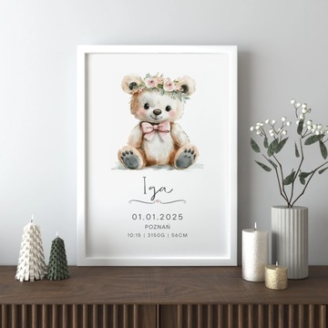METRYCZKA dla dziewczynki PLAKAT A4 RAMKA Narodziny Chrzest Roczek WZORY
