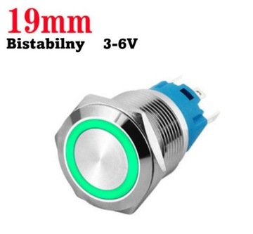 Przycisk sterowniczy przełącznik SPDT metalowy 19mm LED Zielony 5V bi