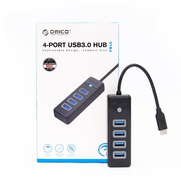 Orico Hub czarny USB-C na 4x USB-A 3.1, 15cm wbudowany przewód