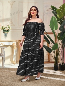 SHEIN SUKIENKA MAXI CZARNA W KROPKI ODKRYTE RAMIONA 2XL 451