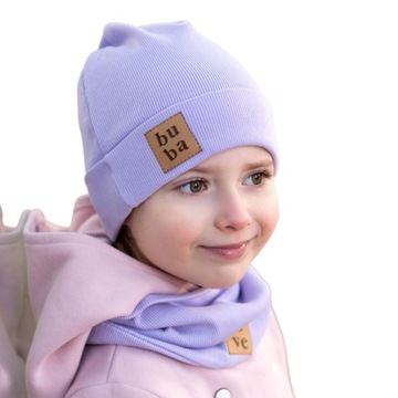 Czapka i komin na wiosnę jesień bawełniana prążek liliowa fioletowa 40-46