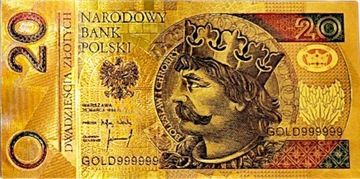 Красивая коллекционная позолоченная банкнота из ПВХ номиналом 20 злотых BOLESŁAW CHROBRY