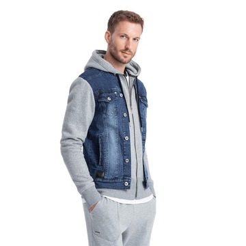 Kurtka męska jeansowa katana z kapturem niebiesko-szara OM-JADJ-0124 XXL
