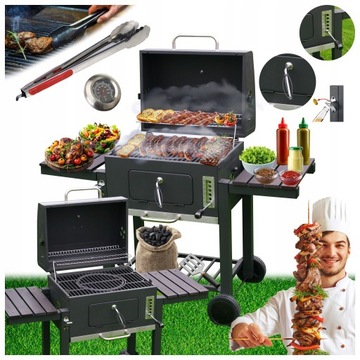GRILL OGRODOWY WĘGLOWY Z POKRYWĄ I PÓŁKAMI VL13 DUŻY XXL SZARY + SZCZYPCE