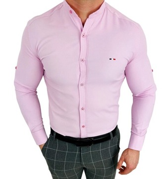 Koszula meska rozowa ze stojka slim fit logo - XXL