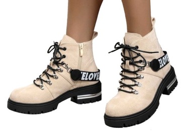 BOTKI DAMSKIE OCIEPLANE TRAPERY BEŻOWE Z TASIEMKĄ