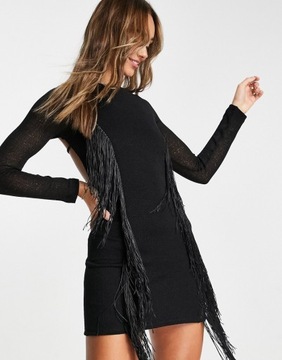 LUX Czarna sukienka mini z długimi rozszerzanymi rękawami i frędzlami S