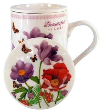 KUBEK Z ZAPARZACZEM CERAMICZNYM I POKRYWKĄ ZAPARZACZ W KWIATY 320ML PREZENT