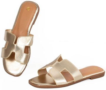 ТАПОЧКИ ЖЕНСКИЕ, ЗОЛОТО, ЭКО-КОЖА, В ПОЛОСКУ 38