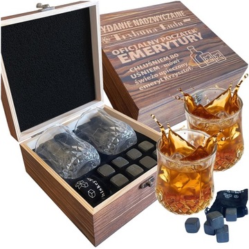 PUDEŁKO ZESTAW KAMIENI DO WHISKY 2 SZKLANKI PREZENT DLA EMERYTA EMERYTURA