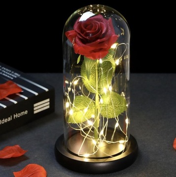 Вечная роза в стеклянной подарочной светодиодной светящейся коробке