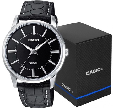 SKÓRZANY MĘSKI ZEGAREK CZARNY STYLOWY 5 BAR CASIO