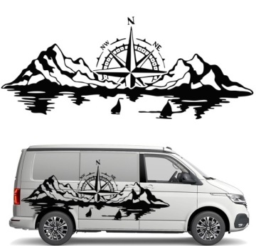 Samolepka Grafika na karavan Růže Větrů Kompas Hory Jezero Plachetnice 90x220