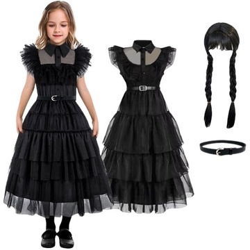 Strój WEDNESDAY ADDAMS KOSTIUM SUKIENKA PRZEBRANIE + PERUKA 110 116 122 M