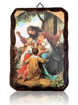 Ikona religijna Jezus z dziećmi DREWNO TOPOLA 12x16cm