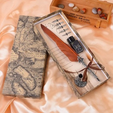 1Set Vintage Feather Dip Pen Writing Ink Pen Set Stationery Gift Box with