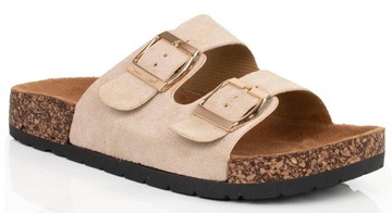 8148 BEŻOWE KLAPKI Z KLAMRAMI PASKI ZAMSZOWE 39