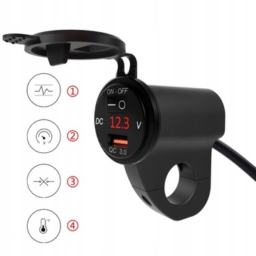 ЗАРЯДНОЕ УСТРОЙСТВО ДЛЯ МОТОЦИКЛА 3.4A USB QC3.0 ВОЛЬТМЕТР 12В