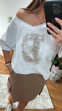 BY O LA LA! BLUZKA T-SHIRT "B" BIEL/CAFFE LATTE S 36