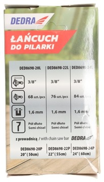 Цепь пилы DEDRA 24 дюйма, 60 см, 3/8 дюйма, 84 звена, полудолотообразный профиль