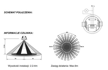 Czujnik Ruchu PIR Wpuszczany Na Podczerwień 360° Czarny Regulacja Czujka