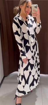 ZARA sukienka koszulowa o luźnym kroju, biało-czarny wzór, wiskoza, L - XL