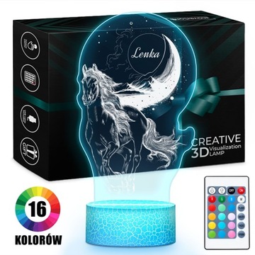 Lampka Nocna LED 3D z Imieniem Koń Prezent dla Dziewczynki na Urodziny