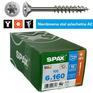 Wkręt Spax INOX nierdzewny A2 6,0x160 gwint niepełny op=100