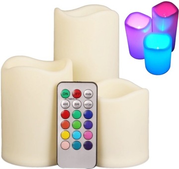 ŚWIECE WOSKOWE LED RGB KOLOROWE ŚWIECZKI Z PILOTEM 3x SWIECE NA BATERIE