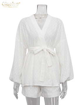 Clacive Fashion Long Sleeve Robes Top Two Piece Se