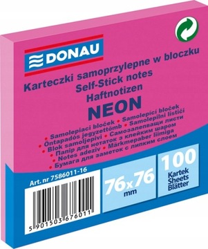 KARTECZKI SAMOPRZYLEPNE 76x76 DONAU NEON RÓŻOWE