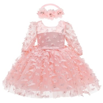 Dziewczynka Butterfly Mesh z długim rękawem Princess Dress i zestaw opasek na głowę