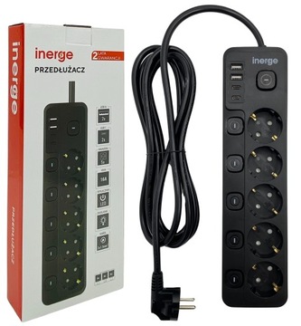 PRZEDŁUŻACZ LISTWA ZASILAJĄCA 5 GNIAZD 3m 4x ŁADOWARKA USB 3x1,5MM² 5x LED