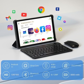 Планшет TOSCIDO, 10,1 дюйма, восьмиядерный процессор, 4 ГБ + 64 ГБ, android 11 SIM/4G LTE/WIFI — черный